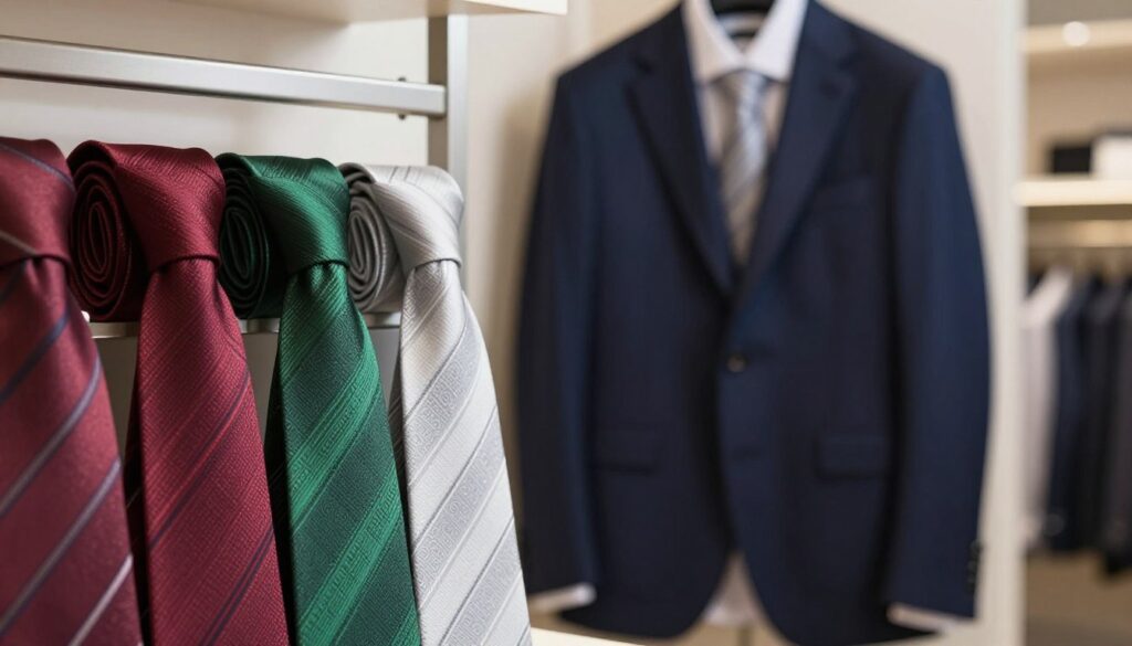 A beautifully arranged collection of ties suitable for pairing with a navy suit, displayed prominently in the foreground. The ties feature a variety of colors: deep burgundy, rich emerald green, and crisp silver, each with distinct patterns such as subtle stripes and elegant paisley designs. In the middle ground, a sophisticated navy suit jacket hangs on a sleek, minimalistic hanger, showcasing its tailored elegance. The background is softly blurred, hinting at a refined, upscale clothing store ambiance with warm, diffused lighting that creates a professional and fresh atmosphere. The overall mood is sophisticated and stylish, ideal for representing the perfect tie choices that exude professionalism and modern flair. A beautifully arranged collection of ties suitable for pairing with a navy suit, displayed prominently in the foreground. The ties feature a variety of colors: deep burgundy, rich emerald green, and crisp silver, each with distinct patterns such as subtle stripes and elegant paisley designs. In the middle ground, a sophisticated navy suit jacket hangs on a sleek, minimalistic hanger, showcasing its tailored elegance. The background is softly blurred, hinting at a refined, upscale clothing store ambiance with warm, diffused lighting that creates a professional and fresh atmosphere. The overall mood is sophisticated and stylish, ideal for representing the perfect tie choices that exude professionalism and modern flair.