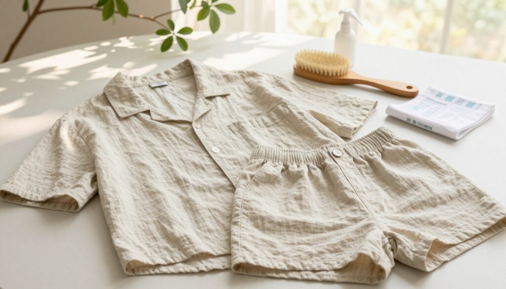 A beautifully arranged flat lay of a muslin summer outfit consisting of a light, breezy shirt and matching shorts, showcasing soft, natural colors like beige and pastel tones. The foreground features the outfit with delicate folds, emphasizing the lightweight texture of the muslin fabric. In the middle ground, there's a gentle display of care items like a soft brush, fabric spray, and a washing guide, hinting at care and maintenance. The background displays a serene, natural setting with soft sunlight filtering through leafy branches, creating a warm and inviting atmosphere. The overall mood is fresh and stylish, perfect for summer wear. The image focuses on textures and a clean arrangement, emphasizing the importance of caring for the outfit.
