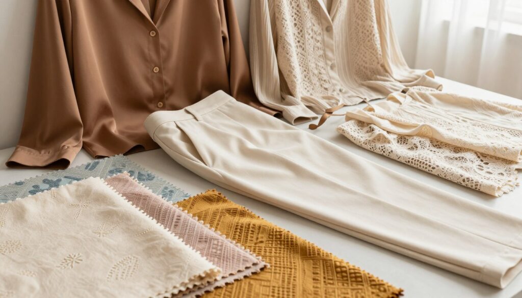 A beautifully styled fashion composition featuring a variety of elegant textiles and materials to illustrate textures in fashion. In the foreground, an array of fabric swatches in soft cream, pastel hues, and vibrant earthy tones, showcasing rich patterns and delicate details. The middle ground features a neatly arranged pair of cream-colored trousers draped effortlessly, accompanied by stylish blouses of varying textures—silk, cotton, and lace—that suggest versatility and freshness. The background is softly blurred, hinting at a chic, minimalistic setting with gentle natural light filtering in, creating a warm and inviting atmosphere. The mood is sophisticated and stylish, perfect for modern outfit pairings that enhance any skin tone, emphasizing the interplay of textures and colors in contemporary fashion.