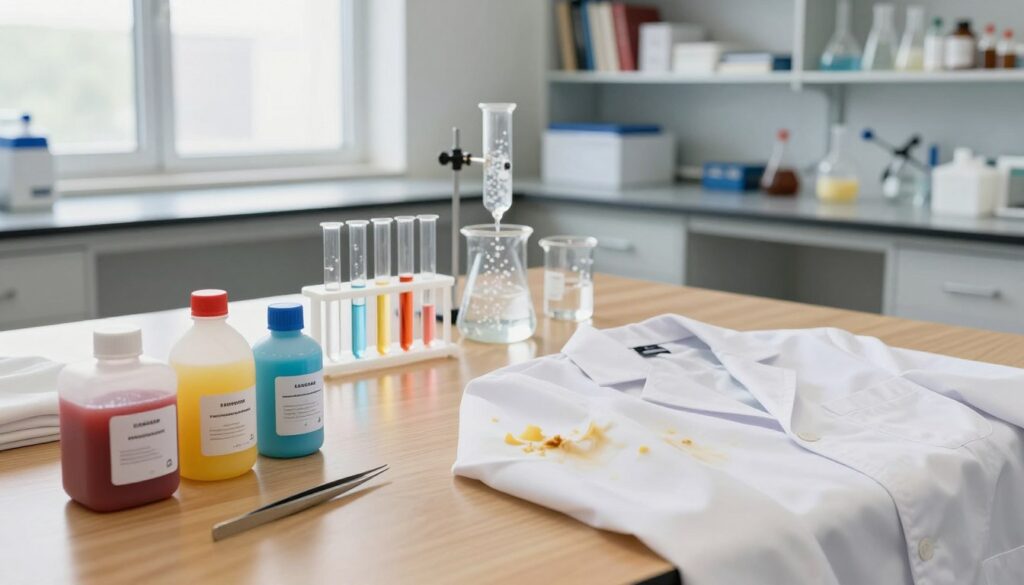 A clean, well-lit laboratory setting showcasing various chemical methods for removing wax stains from fabric. In the foreground, three different colorful chemical containers labeled for fabric treatment, along with a pair of tweezers, and a pristine white suit jacket partially covered in wax. In the middle, an elegant wooden table displays beakers and test tubes filled with bubbling solutions, and a chemical reaction in progress. The background features shelves lined with books and more chemical tools, bathed in soft, natural light coming from a large window. The overall atmosphere is professional and focused, emphasizing innovation and precision in fabric care techniques.