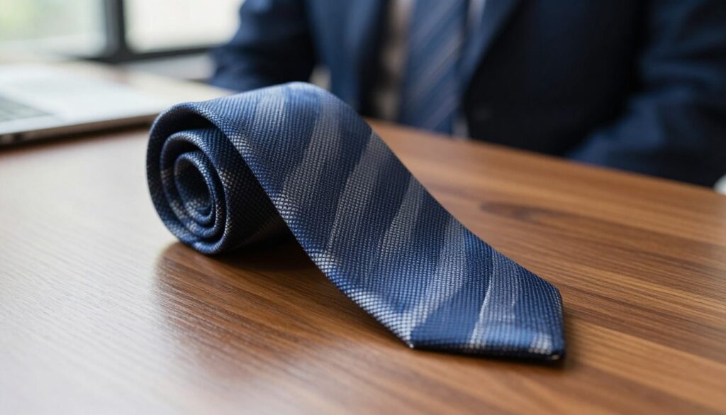 A close-up focus on a textured tie draped elegantly over a polished wooden table. The tie features a deep blue and silver pattern, reflecting the light subtly for a professional appearance. Soft, natural light filters in from a nearby window, casting gentle shadows that enhance the fabric's texture. In the background, hints of a stylish navy suit and a blurred office environment suggest professionalism without overpowering the tie's detail. The atmosphere is sophisticated and fresh, ideal for a daytime business setting. The camera angle is slightly above the table, emphasizing the tie's rich fabric and intricate design, inviting viewers to consider its appropriateness for various occasions. A close-up focus on a textured tie draped elegantly over a polished wooden table. The tie features a deep blue and silver pattern, reflecting the light subtly for a professional appearance. Soft, natural light filters in from a nearby window, casting gentle shadows that enhance the fabric's texture. In the background, hints of a stylish navy suit and a blurred office environment suggest professionalism without overpowering the tie's detail. The atmosphere is sophisticated and fresh, ideal for a daytime business setting. The camera angle is slightly above the table, emphasizing the tie's rich fabric and intricate design, inviting viewers to consider its appropriateness for various occasions.