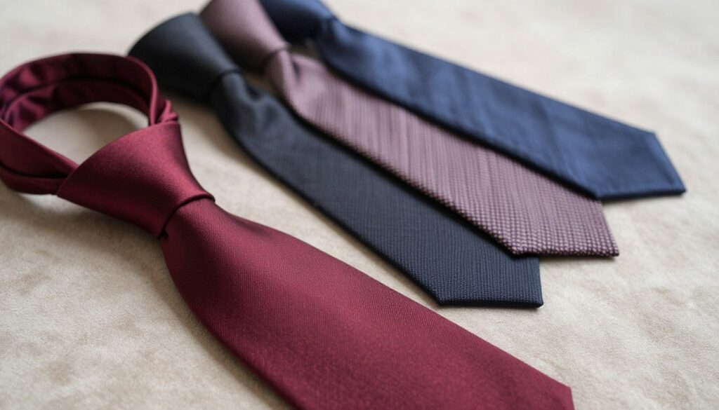 A close-up image of a luxurious tie draped elegantly against a soft, neutral-toned fabric background. The tie is a rich burgundy silk, showcasing a subtle sheen that highlights its quality and texture. The foreground features a perfectly tied double Windsor knot, exemplifying the sophistication of the knot. In the middle, an assortment of ties in various widths and materials, such as matte cotton and patterned silk, are arranged artistically, reflecting a spectrum of styles suitable for different occasions. Soft, diffused lighting creates an inviting atmosphere, enhancing the colors and textures while maintaining a professional look. The angle is slightly elevated, capturing the ties' details beautifully, with a warm and refined ambiance. A close-up image of a luxurious tie draped elegantly against a soft, neutral-toned fabric background. The tie is a rich burgundy silk, showcasing a subtle sheen that highlights its quality and texture. The foreground features a perfectly tied double Windsor knot, exemplifying the sophistication of the knot. In the middle, an assortment of ties in various widths and materials, such as matte cotton and patterned silk, are arranged artistically, reflecting a spectrum of styles suitable for different occasions. Soft, diffused lighting creates an inviting atmosphere, enhancing the colors and textures while maintaining a professional look. The angle is slightly elevated, capturing the ties' details beautifully, with a warm and refined ambiance.