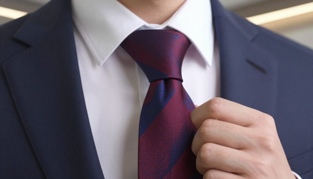 A close-up image of a neatly tied four-in-hand knot on a stylish tie. The foreground features the tie with its distinct knot, showcasing the smooth texture of the fabric and vibrant colors, such as deep navy blue and classic burgundy patterns. The middle ground includes a well-groomed hand adjusting the tie, adorned in professional attire, emphasizing the practical aspect of tying a tie quickly. The background is subtly blurred, hinting at a modern, elegant office space with soft, ambient lighting that creates a warm and inviting atmosphere. The focus is sharp on the tie and knot, capturing the intricacy and neatness of the four-in-hand knot, and conveying a sense of sophistication and confidence. A close-up image of a neatly tied four-in-hand knot on a stylish tie. The foreground features the tie with its distinct knot, showcasing the smooth texture of the fabric and vibrant colors, such as deep navy blue and classic burgundy patterns. The middle ground includes a well-groomed hand adjusting the tie, adorned in professional attire, emphasizing the practical aspect of tying a tie quickly. The background is subtly blurred, hinting at a modern, elegant office space with soft, ambient lighting that creates a warm and inviting atmosphere. The focus is sharp on the tie and knot, capturing the intricacy and neatness of the four-in-hand knot, and conveying a sense of sophistication and confidence.