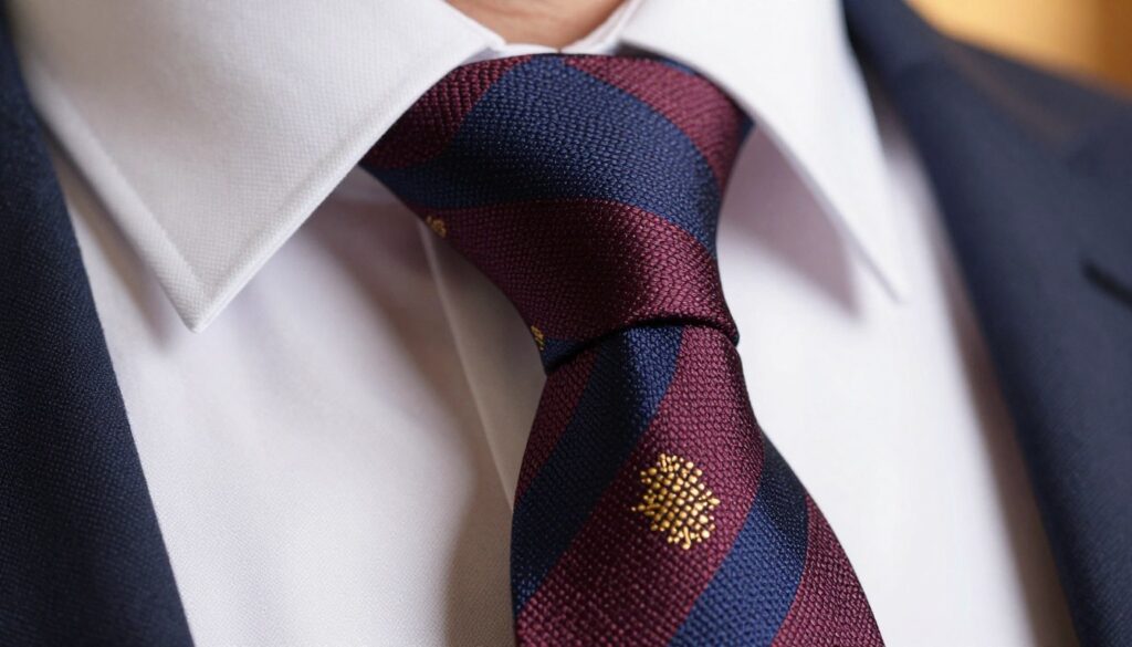 A close-up image of a well-tied double Windsor knot showcasing a beautifully patterned tie in harmonious colors. The foreground features the tie draped elegantly, its intricate designs blending shades of deep navy, rich burgundy, and hints of gold, reflecting sophistication and style. In the middle ground, a crisp white dress shirt complements the tie, enhancing its vibrancy. The background is softly blurred to keep the focus on the tie, featuring subtle hints of warm, soft light that creates an inviting atmosphere. The lens captures the texture of the fabric, emphasizing the elegant drape of the knot. This artistic portrayal should evoke a sense of confidence and professionalism, ideal for a business setting. A close-up image of a well-tied double Windsor knot showcasing a beautifully patterned tie in harmonious colors. The foreground features the tie draped elegantly, its intricate designs blending shades of deep navy, rich burgundy, and hints of gold, reflecting sophistication and style. In the middle ground, a crisp white dress shirt complements the tie, enhancing its vibrancy. The background is softly blurred to keep the focus on the tie, featuring subtle hints of warm, soft light that creates an inviting atmosphere. The lens captures the texture of the fabric, emphasizing the elegant drape of the knot. This artistic portrayal should evoke a sense of confidence and professionalism, ideal for a business setting.