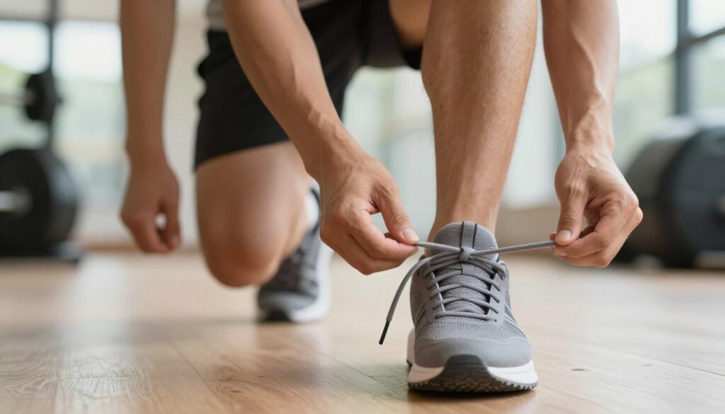 A close-up of a pair of athletic joggers with intricately tied shoelaces, showcasing various techniques for tying the laces securely. The foreground highlights the neatly tied knots, demonstrating symmetry and aesthetic appeal. In the middle, a blurred image of a fit, professional individual wearing the joggers is engaged in light exercise, emphasizing the functionality of the laces. The background features a well-lit gym environment, with soft, natural lighting creating a warm, inviting atmosphere. The camera angle is slightly above eye level, focusing on the laces while the subject remains partially visible. Overall, the image conveys a sense of active lifestyle and attention to detail, illustrating the importance of tying shoelaces effectively during workouts. A close-up of a pair of athletic joggers with intricately tied shoelaces, showcasing various techniques for tying the laces securely. The foreground highlights the neatly tied knots, demonstrating symmetry and aesthetic appeal. In the middle, a blurred image of a fit, professional individual wearing the joggers is engaged in light exercise, emphasizing the functionality of the laces. The background features a well-lit gym environment, with soft, natural lighting creating a warm, inviting atmosphere. The camera angle is slightly above eye level, focusing on the laces while the subject remains partially visible. Overall, the image conveys a sense of active lifestyle and attention to detail, illustrating the importance of tying shoelaces effectively during workouts.