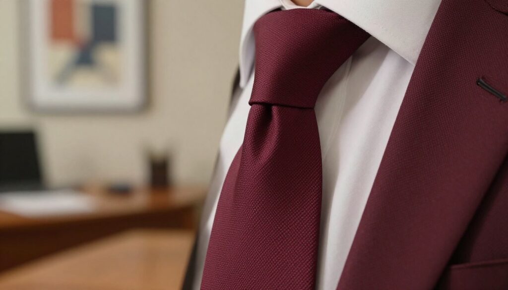 A close-up scene showcasing a meticulously tied Półwindsorski and Nicky knot on a narrow tie. The foreground features the tie in a professional business setting, emphasizing the elegant texture of the fabric, with a rich burgundy color that exudes sophistication. The background includes a softly blurred office environment, with subtle elements like a blurred wooden desk and a framed abstract artwork, enhancing the professional atmosphere. The lighting is soft and warm, creating an inviting yet polished look. The angle captures the tie's intricate details, demonstrating how neatly the knots are arranged, appealing to a refined audience interested in fashion. The overall mood is upscale and focused, inspiring confidence and professionalism. A close-up scene showcasing a meticulously tied Półwindsorski and Nicky knot on a narrow tie. The foreground features the tie in a professional business setting, emphasizing the elegant texture of the fabric, with a rich burgundy color that exudes sophistication. The background includes a softly blurred office environment, with subtle elements like a blurred wooden desk and a framed abstract artwork, enhancing the professional atmosphere. The lighting is soft and warm, creating an inviting yet polished look. The angle captures the tie's intricate details, demonstrating how neatly the knots are arranged, appealing to a refined audience interested in fashion. The overall mood is upscale and focused, inspiring confidence and professionalism.