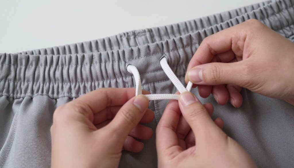 A close-up shot capturing the intricate details of preparing a drawstring for athletic pants. In the foreground, focus on a pair of hands, dressed in modest casual clothing, expertly manipulating the drawstring, ensuring the ends are neatly aligned and cut at an angle for easy threading. The middle of the image features the waistband of the pants, showcasing the drawstring threaded through with precision, set against a soft fabric background. The lighting is bright and even, highlighting the textures of the fabric and string, creating a clean, focused look. The angle is slightly overhead, offering a clear view of the preparation process, evoking a practical and instructional atmosphere, perfect for a step-by-step guide. A close-up shot capturing the intricate details of preparing a drawstring for athletic pants. In the foreground, focus on a pair of hands, dressed in modest casual clothing, expertly manipulating the drawstring, ensuring the ends are neatly aligned and cut at an angle for easy threading. The middle of the image features the waistband of the pants, showcasing the drawstring threaded through with precision, set against a soft fabric background. The lighting is bright and even, highlighting the textures of the fabric and string, creating a clean, focused look. The angle is slightly overhead, offering a clear view of the preparation process, evoking a practical and instructional atmosphere, perfect for a step-by-step guide.