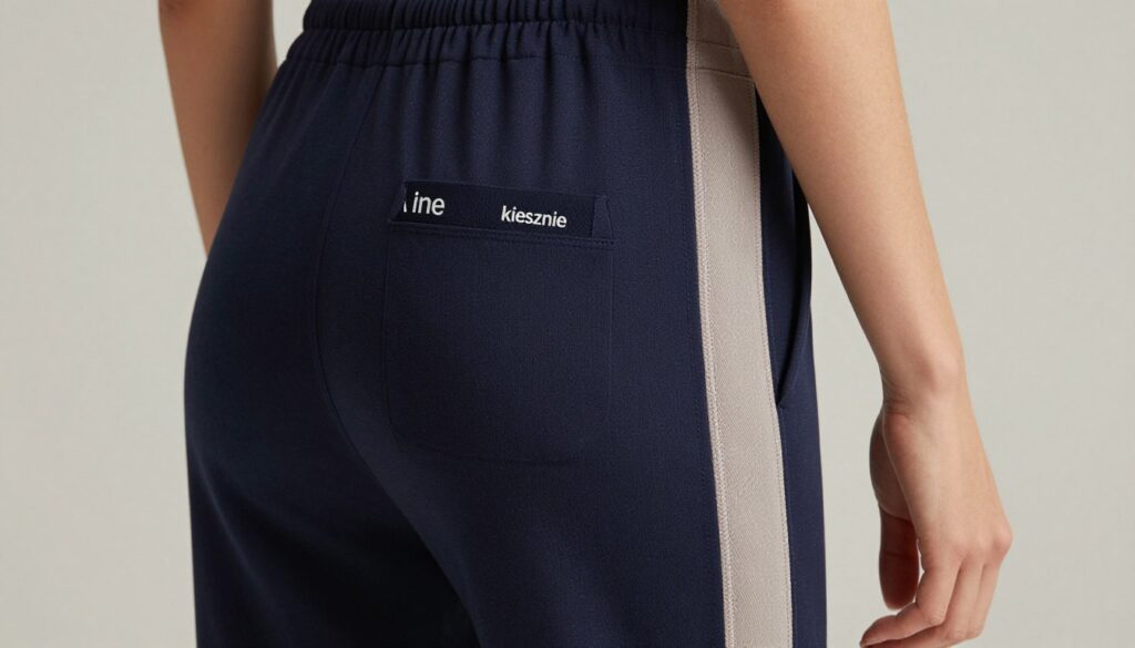 A close-up shot focusing on stylish women's joggers featuring prominent "kieszenie" (pockets) and sophisticated detailing. The joggers are tailored with elegant side stripes and have structured elastic cuffs for a modern look. The pockets should be artfully integrated, displaying functionality without compromising style. The fabric appears high-quality and visually rich, with a subtle sheen that emphasizes the design elements. Soft, diffused lighting casts gentle shadows, enhancing textures, while a blurred neutral background ensures the joggers stand out. The overall mood is chic and contemporary, showcasing the allure of detail-oriented fashion, perfect for illustrating the transformative power of pockets in trendy athletic wear. A close-up shot focusing on stylish women's joggers featuring prominent "kieszenie" (pockets) and sophisticated detailing. The joggers are tailored with elegant side stripes and have structured elastic cuffs for a modern look. The pockets should be artfully integrated, displaying functionality without compromising style. The fabric appears high-quality and visually rich, with a subtle sheen that emphasizes the design elements. Soft, diffused lighting casts gentle shadows, enhancing textures, while a blurred neutral background ensures the joggers stand out. The overall mood is chic and contemporary, showcasing the allure of detail-oriented fashion, perfect for illustrating the transformative power of pockets in trendy athletic wear.