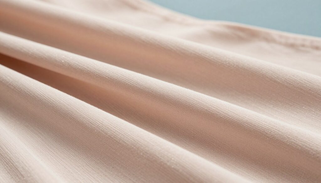 A close-up shot of a beautifully crafted, draped fabric displaying the texture and properties of tricot material. The foreground features a soft, lightweight tricot blouse in soft pastel colors, showcasing its stretch, softness, and elegance. The middle ground has a smooth surface with small glimmers of light reflecting on the fabric's surface, highlighting its versatility for both casual and elegant styles. The background is softly blurred to emphasize the fabric, with a subtle gradient of calming colors that enhance the overall mood of sophistication. Utilize soft, natural lighting to create a warm and inviting atmosphere, resembling a designer showcase in a professional setting. A close-up shot of a beautifully crafted, draped fabric displaying the texture and properties of tricot material. The foreground features a soft, lightweight tricot blouse in soft pastel colors, showcasing its stretch, softness, and elegance. The middle ground has a smooth surface with small glimmers of light reflecting on the fabric's surface, highlighting its versatility for both casual and elegant styles. The background is softly blurred to emphasize the fabric, with a subtle gradient of calming colors that enhance the overall mood of sophistication. Utilize soft, natural lighting to create a warm and inviting atmosphere, resembling a designer showcase in a professional setting.