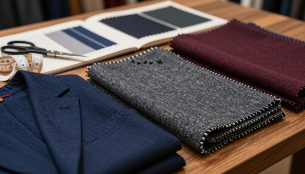 A close-up shot of a selection of elegant fabrics suitable for a stylish and modern suit, thoughtfully arranged on a wooden table. The foreground features rich textures of wool, cashmere, and linen in muted, sophisticated colors such as navy blue, charcoal gray, and burgundy. In the middle ground, a tailor's measuring tape and a pair of tailor scissorsrest beside a sample book of high-quality textiles. The background is softly blurred to emphasize the fabrics, with warm, natural lighting highlighting their textures and richness. The atmosphere is refined and serene, evoking a sense of timeless elegance and lasting quality, perfect for discerning gentlemen seeking a modern yet understated style. A close-up shot of a selection of elegant fabrics suitable for a stylish and modern suit, thoughtfully arranged on a wooden table. The foreground features rich textures of wool, cashmere, and linen in muted, sophisticated colors such as navy blue, charcoal gray, and burgundy. In the middle ground, a tailor's measuring tape and a pair of tailor scissorsrest beside a sample book of high-quality textiles. The background is softly blurred to emphasize the fabrics, with warm, natural lighting highlighting their textures and richness. The atmosphere is refined and serene, evoking a sense of timeless elegance and lasting quality, perfect for discerning gentlemen seeking a modern yet understated style.