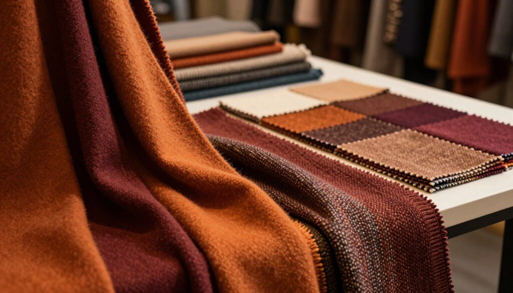 A close-up view of a collection of exquisite autumn fabrics, showcasing a rich tapestry of textures and colors. In the foreground, luxurious wool, soft cashmere, and sturdy tweed materials drape elegantly, accentuating their intricate weaves and patterns. The middle ground features a softly lit table displaying swatches in warm autumn hues like burnt orange, deep burgundy, and earthy browns, reflecting the cozy spirit of the season. In the background, a blurred cozy workshop setting with dim, ambient lighting enhances the artisanal vibe. Shadows play gently across the fabrics, creating depth and inviting viewers to imagine their warmth and comfort. The overall atmosphere conveys a sense of sophistication and premium quality, ideal for a fashionable autumn wardrobe. A close-up view of a collection of exquisite autumn fabrics, showcasing a rich tapestry of textures and colors. In the foreground, luxurious wool, soft cashmere, and sturdy tweed materials drape elegantly, accentuating their intricate weaves and patterns. The middle ground features a softly lit table displaying swatches in warm autumn hues like burnt orange, deep burgundy, and earthy browns, reflecting the cozy spirit of the season. In the background, a blurred cozy workshop setting with dim, ambient lighting enhances the artisanal vibe. Shadows play gently across the fabrics, creating depth and inviting viewers to imagine their warmth and comfort. The overall atmosphere conveys a sense of sophistication and premium quality, ideal for a fashionable autumn wardrobe.