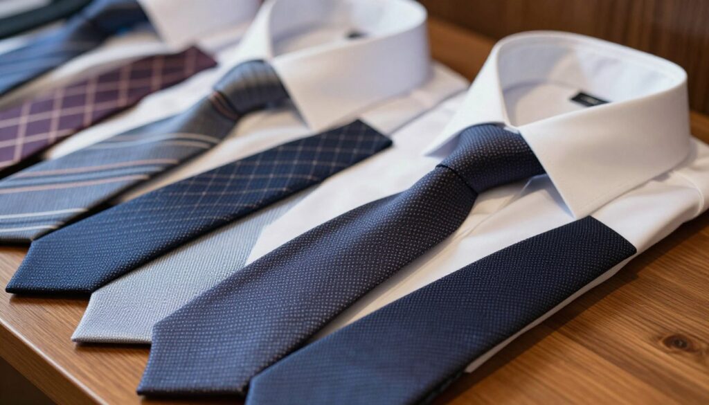 A close-up view of a stylish necktie displayed on a polished wooden surface, showcasing its various widths and textures. The foreground features a selection of ties with different widths, elegantly organized. In the middle, include a crisp white dress shirt with an open collar, demonstrating the ideal tie knot that perfectly complements the collar style. In the background, softly blurred, display a few collar types, emphasizing their relationship with the ties. The lighting is bright and inviting, casting gentle shadows that enhance the textures of the ties and shirt. The atmosphere is sophisticated and professional, ideal for an article about men's fashion, focusing on the interplay between tie width and collar style.