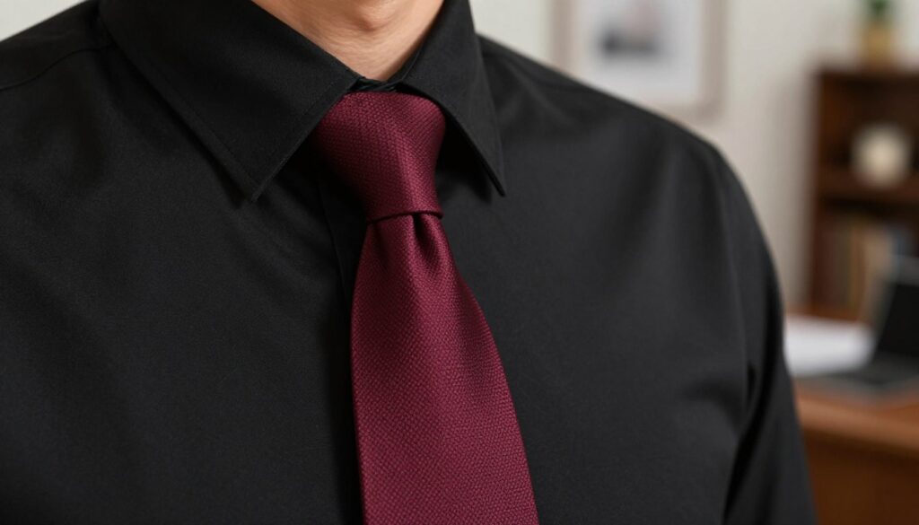 A close-up view of an elegant black shirt adorned with a meticulously knotted tie, showcasing a rich burgundy color. The tie's texture is smooth and glossy, contrasting with the matte finish of the shirt. The scene captures the tie's intricate patterns and the precise fold of the collar, emphasizing sophistication. Soft, diffused lighting highlights the details, creating a refined atmosphere. The background is softly blurred, featuring hints of a well-decorated office space, with subdued colors that enhance the focus on the shirt and tie. The overall mood is classy and professional, ideal for illustrating refined men's fashion choices for formal occasions. A close-up view of an elegant black shirt adorned with a meticulously knotted tie, showcasing a rich burgundy color. The tie's texture is smooth and glossy, contrasting with the matte finish of the shirt. The scene captures the tie's intricate patterns and the precise fold of the collar, emphasizing sophistication. Soft, diffused lighting highlights the details, creating a refined atmosphere. The background is softly blurred, featuring hints of a well-decorated office space, with subdued colors that enhance the focus on the shirt and tie. The overall mood is classy and professional, ideal for illustrating refined men's fashion choices for formal occasions.