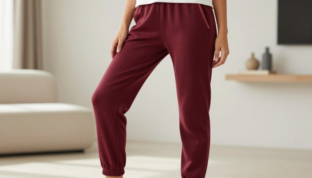 A close-up view of stylish women's sweatpants, featuring a tapered ankle design and an elastic waistband. The fabric should appear soft and comfortable, with rich colors that complement a fashionable athleisure aesthetic. Include details like subtle stitching, ribbed cuffs, and side pockets to highlight both functionality and style. In the background, a modern, minimalist lifestyle setting with soft natural light enhances the relaxed yet chic mood. Capture the pants from a slightly elevated angle to emphasize their fit on a model dressed in an elegant yet casual top, ensuring the focus remains on the sweatpants while conveying a sense of confidence and comfort suitable for everyday wear.