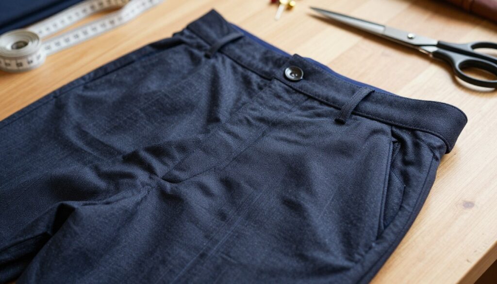 A close-up view of tailored dress trousers laid flat on a wooden workbench. The focus is on the waistband area, showcasing a hidden reserve of fabric that is neatly folded inside, ready for alteration. The fabric has a classic herringbone pattern, with subtle hues of navy and gray, emphasizing quality. Soft, diffused lighting brightens the scene, casting gentle shadows that highlight the texture of the fabric. In the background, tools for tailoring like measuring tape, scissors, and pins are slightly out of focus, creating a craftsman's workshop atmosphere. The overall mood is one of precision and care, reflecting the meticulous nature of garment alterations. A close-up view of tailored dress trousers laid flat on a wooden workbench. The focus is on the waistband area, showcasing a hidden reserve of fabric that is neatly folded inside, ready for alteration. The fabric has a classic herringbone pattern, with subtle hues of navy and gray, emphasizing quality. Soft, diffused lighting brightens the scene, casting gentle shadows that highlight the texture of the fabric. In the background, tools for tailoring like measuring tape, scissors, and pins are slightly out of focus, creating a craftsman's workshop atmosphere. The overall mood is one of precision and care, reflecting the meticulous nature of garment alterations.