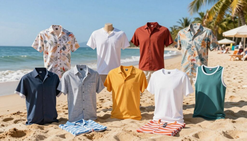 A collection of men's beach shirts displayed on a vibrant sandy beach, capturing the essence of summer fashion. In the foreground, showcase various styles of shirts, including short-sleeved button-ups, lightweight tees, and colorful tank tops, arranged artistically. The middle ground features a beach scene with gentle waves lapping at the shore and a clear blue sky, reflecting a relaxed, sunny atmosphere. In the background, add glimpses of palm trees and beach umbrellas, enhancing the tropical feel. Use bright, warm lighting to emphasize the colors of the shirts, and depict the scene from a slightly elevated angle to give a sense of depth. The overall mood should be cheerful and inviting, perfect for a summer getaway. A collection of men's beach shirts displayed on a vibrant sandy beach, capturing the essence of summer fashion. In the foreground, showcase various styles of shirts, including short-sleeved button-ups, lightweight tees, and colorful tank tops, arranged artistically. The middle ground features a beach scene with gentle waves lapping at the shore and a clear blue sky, reflecting a relaxed, sunny atmosphere. In the background, add glimpses of palm trees and beach umbrellas, enhancing the tropical feel. Use bright, warm lighting to emphasize the colors of the shirts, and depict the scene from a slightly elevated angle to give a sense of depth. The overall mood should be cheerful and inviting, perfect for a summer getaway.
