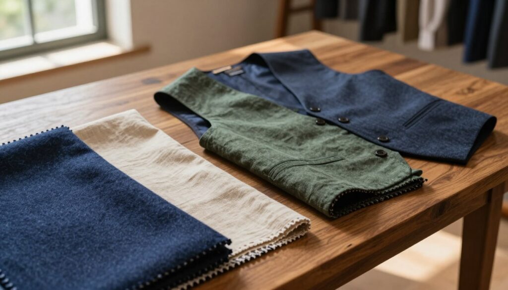 A collection of various fabrics prominently displayed on a stylish wooden table. In the foreground, there's a textured wool material in a deep navy blue, next to a light cotton fabric in a soft beige, and a smooth linen in an earthy green tone. In the middle, a tailored men’s vest casually draped over the edge of the table, showcasing the versatility of these fabrics. In the background, a softly lit room with warm natural light filtering through a window, casting gentle shadows. The atmosphere is relaxed yet polished, reflecting a blend of everyday wear and formal attire. The focus is on the quality and richness of the fabrics, emphasizing their suitability for both casual and formal settings.