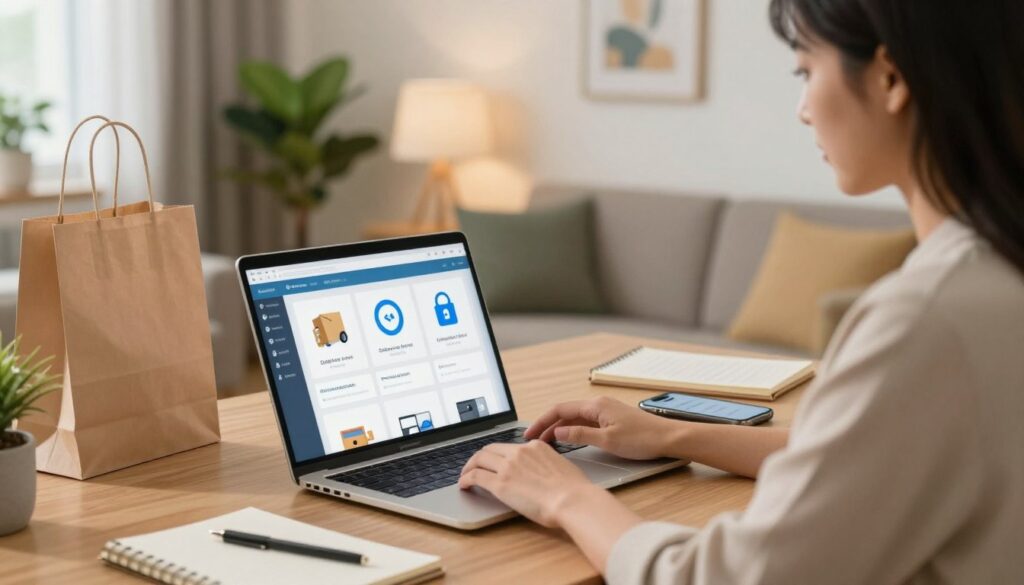 A cozy, modern home office setting, focusing on the theme of safe online shopping. In the foreground, a stylish woman in professional yet casual attire carefully inspects a laptop displaying various online shopping options, with icons representing delivery, returns, and security features visible on the screen. The middle ground features an organized workspace with a notepad, a reusable shopping bag, and a smartphone displaying notifications about recent purchases. In the background, a warm, inviting room with soft lighting, greenery from potted plants, and artwork on the walls creates an ambience of comfort and safety. The mood is focused yet relaxed, emphasizing trust and responsibility in online shopping. Use soft, natural light to create an approachable atmosphere. A cozy, modern home office setting, focusing on the theme of safe online shopping. In the foreground, a stylish woman in professional yet casual attire carefully inspects a laptop displaying various online shopping options, with icons representing delivery, returns, and security features visible on the screen. The middle ground features an organized workspace with a notepad, a reusable shopping bag, and a smartphone displaying notifications about recent purchases. In the background, a warm, inviting room with soft lighting, greenery from potted plants, and artwork on the walls creates an ambience of comfort and safety. The mood is focused yet relaxed, emphasizing trust and responsibility in online shopping. Use soft, natural light to create an approachable atmosphere.