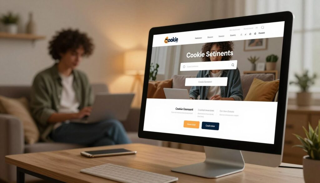 A cozy online shopping scene featuring a stylish, modern website interface showing cookie settings prominently. In the foreground, a well-designed computer screen displays various cookie consent options, with sleek buttons and user-friendly navigational elements. The middle ground features a comfortable living space, with a fashionable individual dressed in trendy casual wear, seated at a stylish desk, browsing the site on a laptop. The background softly blurs to reveal contemporary home decor, creating a relaxed atmosphere. Warm, inviting lighting casts a gentle glow, enhancing the overall feel of comfort and convenience. The mood is focused yet casual, embodying the ease of online shopping and the importance of user-friendly cookie settings. A cozy online shopping scene featuring a stylish, modern website interface showing cookie settings prominently. In the foreground, a well-designed computer screen displays various cookie consent options, with sleek buttons and user-friendly navigational elements. The middle ground features a comfortable living space, with a fashionable individual dressed in trendy casual wear, seated at a stylish desk, browsing the site on a laptop. The background softly blurs to reveal contemporary home decor, creating a relaxed atmosphere. Warm, inviting lighting casts a gentle glow, enhancing the overall feel of comfort and convenience. The mood is focused yet casual, embodying the ease of online shopping and the importance of user-friendly cookie settings.