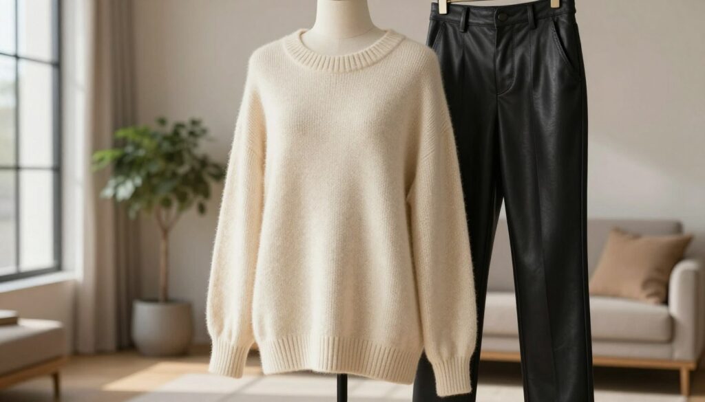 A cozy, oversized sweater in soft cream color, draping comfortably over a mannequin, set against a minimalist home interior. The sweater features ribbed cuffs and a relaxed neckline, conveying a sense of warmth and casual elegance, perfect for chilly days. In the middle ground, a pair of sleek black leather pants hangs nearby, complementing the sweater's distinctive style. The background showcases a softly lit, inviting living space with muted earth tones and a potted plant, creating a calm and cozy atmosphere. Natural light pours in through a large window, casting gentle shadows and enhancing the textures of the knit fabric. The overall mood is relaxed and sophisticated, ideal for daily wear or evening outings. A cozy, oversized sweater in soft cream color, draping comfortably over a mannequin, set against a minimalist home interior. The sweater features ribbed cuffs and a relaxed neckline, conveying a sense of warmth and casual elegance, perfect for chilly days. In the middle ground, a pair of sleek black leather pants hangs nearby, complementing the sweater's distinctive style. The background showcases a softly lit, inviting living space with muted earth tones and a potted plant, creating a calm and cozy atmosphere. Natural light pours in through a large window, casting gentle shadows and enhancing the textures of the knit fabric. The overall mood is relaxed and sophisticated, ideal for daily wear or evening outings.