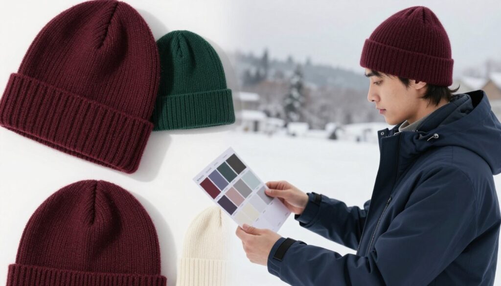 A cozy winter scene showcasing a stylish beanie hat in various shades that complement a navy blue jacket. In the foreground, a close-up of the beanie, featuring rich textures like wool or cashmere, emphasizing its warmth and softness. The middle ground depicts a casual model wearing the navy jacket, looking thoughtfully at a color palette of beanie options, with colors such as deep burgundy, forest green, and soft cream, reflecting winter aesthetics. The background features a gently blurred snowy landscape, invoking a serene winter atmosphere. Natural soft lighting casts delicate shadows, enhancing the textures and colors of the materials. The scene exudes a calm and inviting mood, perfect for exploring color choices for winter headwear. A cozy winter scene showcasing a stylish beanie hat in various shades that complement a navy blue jacket. In the foreground, a close-up of the beanie, featuring rich textures like wool or cashmere, emphasizing its warmth and softness. The middle ground depicts a casual model wearing the navy jacket, looking thoughtfully at a color palette of beanie options, with colors such as deep burgundy, forest green, and soft cream, reflecting winter aesthetics. The background features a gently blurred snowy landscape, invoking a serene winter atmosphere. Natural soft lighting casts delicate shadows, enhancing the textures and colors of the materials. The scene exudes a calm and inviting mood, perfect for exploring color choices for winter headwear.