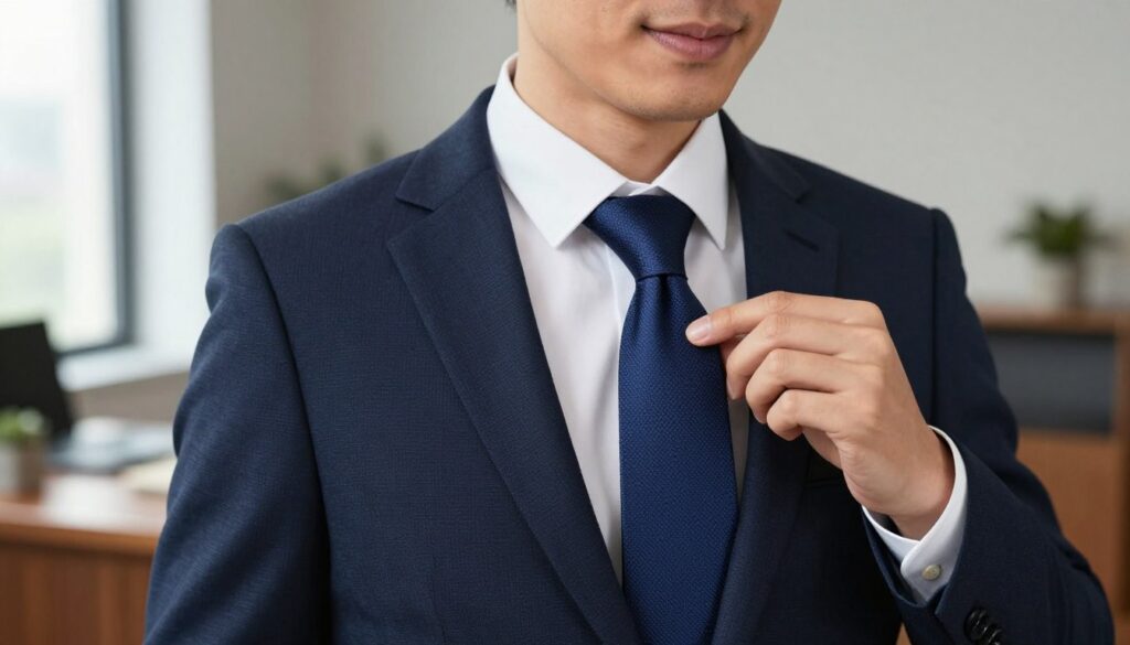A crisp and neatly tied Kent tie knot displayed prominently in the foreground, showcasing intricate knot details and fabric texture with a high level of realism. The tie is a rich navy blue with subtle patterns, draping elegantly. A well-dressed male figure in professional business attire stands slightly in profile, demonstrating the necktie, with a warm smile and approachable demeanor. The background features a softly blurred office environment, hinting at a polished wooden desk and modern decor, illuminated by soft, natural lighting from a window to the side. The overall atmosphere is professional yet inviting, emphasizing the practical elegance of the Kent knot for everyday and formal occasions. A crisp and neatly tied Kent tie knot displayed prominently in the foreground, showcasing intricate knot details and fabric texture with a high level of realism. The tie is a rich navy blue with subtle patterns, draping elegantly. A well-dressed male figure in professional business attire stands slightly in profile, demonstrating the necktie, with a warm smile and approachable demeanor. The background features a softly blurred office environment, hinting at a polished wooden desk and modern decor, illuminated by soft, natural lighting from a window to the side. The overall atmosphere is professional yet inviting, emphasizing the practical elegance of the Kent knot for everyday and formal occasions.