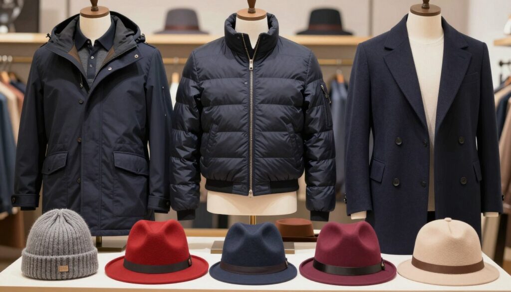 A fashion-focused illustration featuring a stylish array of hats paired with different types of navy jackets, including a parka, a down jacket, a bomber jacket, and an elegant overcoat. The foreground showcases a variety of hats—beanies, fedoras, and caps—in complementary colors like gray, red, and beige, each matched to a specific jacket style. In the middle ground, the jackets are displayed on mannequins or hangers, with textures clearly visible to highlight materials such as wool, nylon, and cotton. The background is softly blurred to maintain focus, suggestive of a boutique atmosphere. Soft, diffused lighting enhances the fabrics’ textures and colors, creating an inviting and stylish mood suitable for a fashion article. A fashion-focused illustration featuring a stylish array of hats paired with different types of navy jackets, including a parka, a down jacket, a bomber jacket, and an elegant overcoat. The foreground showcases a variety of hats—beanies, fedoras, and caps—in complementary colors like gray, red, and beige, each matched to a specific jacket style. In the middle ground, the jackets are displayed on mannequins or hangers, with textures clearly visible to highlight materials such as wool, nylon, and cotton. The background is softly blurred to maintain focus, suggestive of a boutique atmosphere. Soft, diffused lighting enhances the fabrics’ textures and colors, creating an inviting and stylish mood suitable for a fashion article.