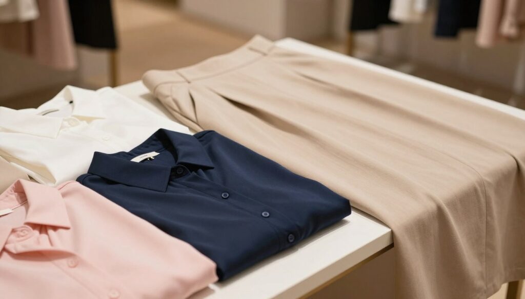 A fashionable display of a beige skirt paired with several suitable blouse options, emphasizing color harmony. In the foreground, three elegant blouses are neatly arranged: a soft pastel pink, a deep navy blue, and a bright crisp white, showcasing various fabrics like silk and cotton. The middle ground features a stylish beige skirt, neatly draped, highlighting its texture and cut. The background is softly blurred, suggesting a chic boutique setting with warm, ambient lighting that enhances the colors. The overall atmosphere is inviting and sophisticated, emphasizing the aesthetic appeal of complementary colors and stylish combinations for a cohesive look. The angle is slightly tilted to provide depth, focusing on the blouses’ details and textures without any text or distractions. A fashionable display of a beige skirt paired with several suitable blouse options, emphasizing color harmony. In the foreground, three elegant blouses are neatly arranged: a soft pastel pink, a deep navy blue, and a bright crisp white, showcasing various fabrics like silk and cotton. The middle ground features a stylish beige skirt, neatly draped, highlighting its texture and cut. The background is softly blurred, suggesting a chic boutique setting with warm, ambient lighting that enhances the colors. The overall atmosphere is inviting and sophisticated, emphasizing the aesthetic appeal of complementary colors and stylish combinations for a cohesive look. The angle is slightly tilted to provide depth, focusing on the blouses’ details and textures without any text or distractions.