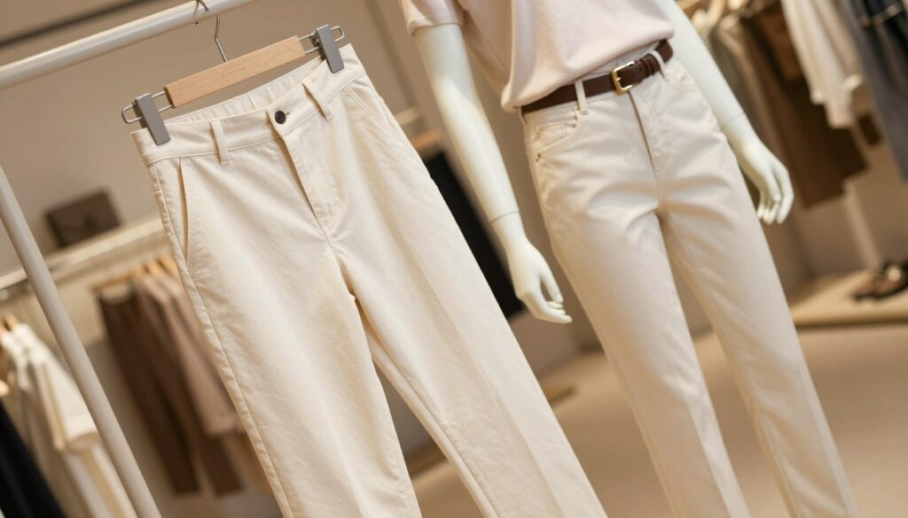 A fashionable display of stylish cotton pants showcased in a modern retail environment. The foreground features a pair of well-fitted, high-waisted cotton trousers in a soft cream color, elegantly draped on a minimalistic clothing rack. In the middle ground, a stylish mannequin wears a casual yet chic outfit that complements the pants, accented by a stylish belt and simple, elegant top. The background has a soft-focus of a boutique interior with warm lighting, creating an inviting atmosphere. The scene is captured with a slight overhead angle, highlighting the texture and details of the fabric, emphasizing comfort and elegance. The overall mood communicates a sense of effortless style and modern fashion trends. A fashionable display of stylish cotton pants showcased in a modern retail environment. The foreground features a pair of well-fitted, high-waisted cotton trousers in a soft cream color, elegantly draped on a minimalistic clothing rack. In the middle ground, a stylish mannequin wears a casual yet chic outfit that complements the pants, accented by a stylish belt and simple, elegant top. The background has a soft-focus of a boutique interior with warm lighting, creating an inviting atmosphere. The scene is captured with a slight overhead angle, highlighting the texture and details of the fabric, emphasizing comfort and elegance. The overall mood communicates a sense of effortless style and modern fashion trends.