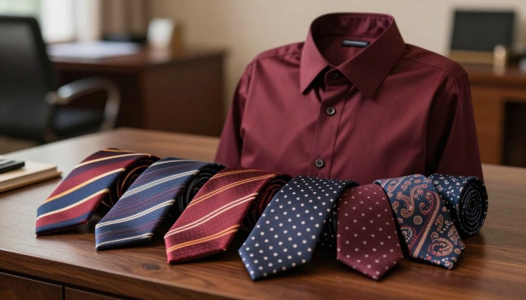 A fashionable scene featuring various tie patterns suitable for pairing with a burgundy shirt. In the foreground, an array of elegant neckties in rich colors and distinctive patterns, such as stripes, polka dots, and paisley designs, displayed on a plush, dark wood surface. The middle ground showcases a stylish burgundy shirt, buttoned at the collar, perfectly arranged to highlight the ties. In the background, a blurred, softly lit upscale office environment sets a professional tone. Use warm lighting to create an inviting atmosphere, with soft shadows adding depth. The composition emphasizes a balance of colors and designs, illustrating how to combine them harmoniously without chaos.
