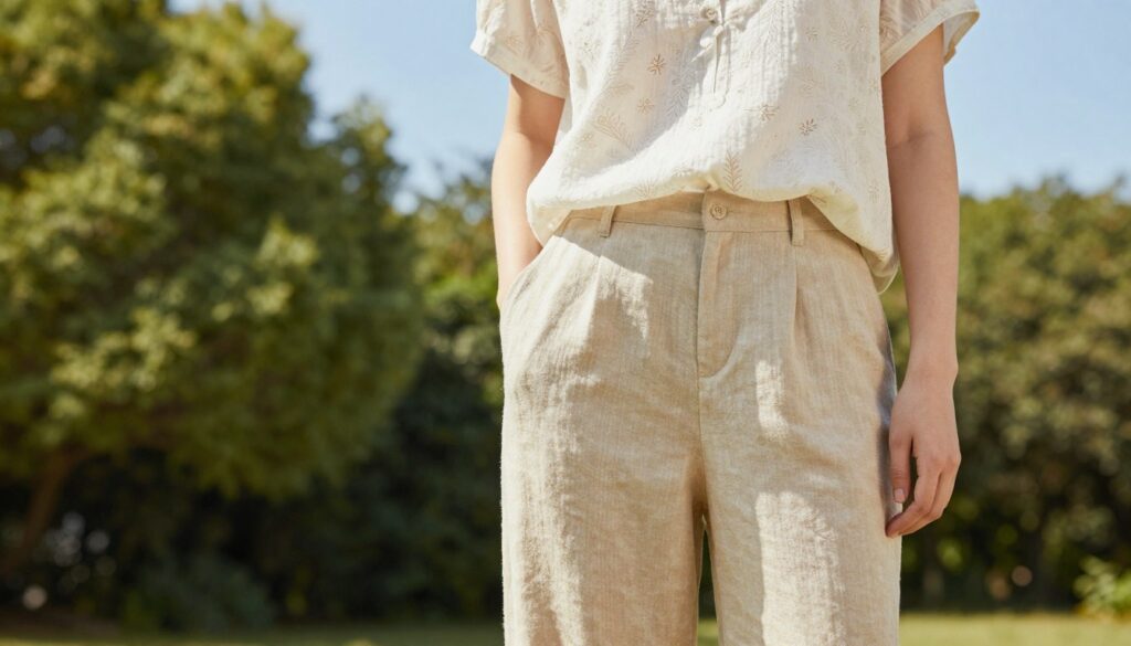 A fashionable summer outfit featuring elegant linen trousers and a stylish, breathable blouse is set in a bright, airy outdoor environment. In the foreground, the linen trousers are tailored and flow gracefully, complemented by a lightweight, short-sleeved blouse made of a soft, airy fabric. The blouse features delicate patterns and a relaxed fit, giving a perfect summer vibe. In the middle ground, soft sunlight filters through lush greenery, casting gentle shadows, while a hint of blue sky adds to the uplifting atmosphere. The image captures the essence of a warm, sunny day, evoking feelings of comfort and style. The perspective is eye-level, focusing on the outfit's details, ensuring vibrancy and clarity without any distractions or text overlays. A fashionable summer outfit featuring elegant linen trousers and a stylish, breathable blouse is set in a bright, airy outdoor environment. In the foreground, the linen trousers are tailored and flow gracefully, complemented by a lightweight, short-sleeved blouse made of a soft, airy fabric. The blouse features delicate patterns and a relaxed fit, giving a perfect summer vibe. In the middle ground, soft sunlight filters through lush greenery, casting gentle shadows, while a hint of blue sky adds to the uplifting atmosphere. The image captures the essence of a warm, sunny day, evoking feelings of comfort and style. The perspective is eye-level, focusing on the outfit's details, ensuring vibrancy and clarity without any distractions or text overlays.