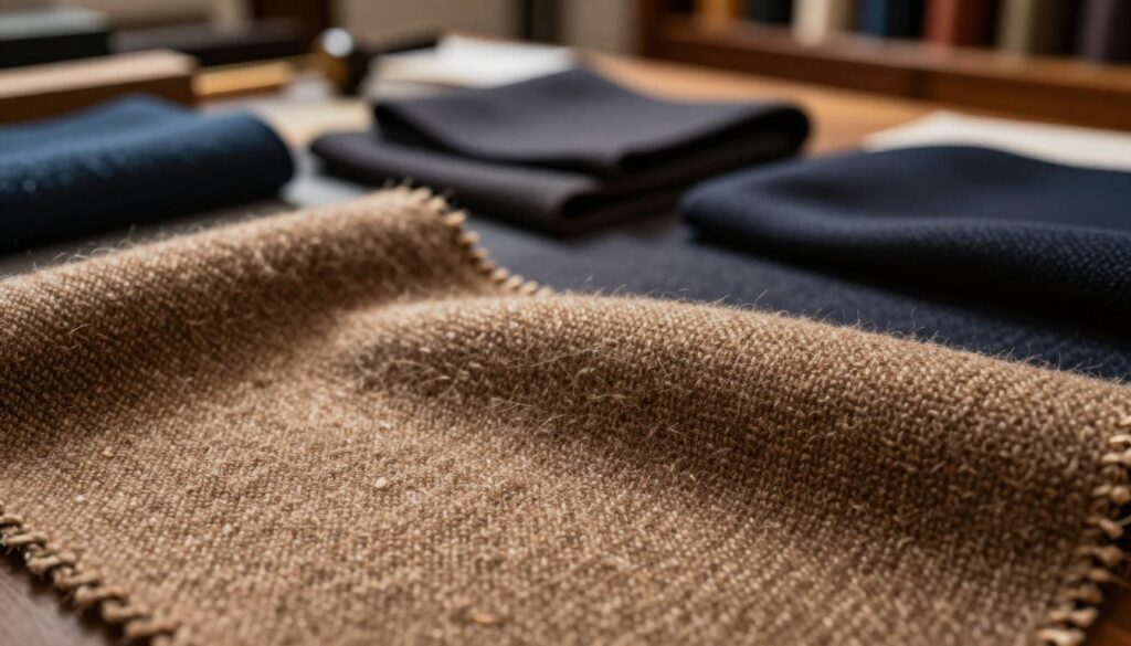 A luxurious, close-up view of a finely crafted piece of wool fabric, showcasing its rich texture and intricate weave. The foreground features the soft, warm fibers glistening gently under soft, diffused lighting, highlighting the depth of the material. In the middle, subtly blurred, are various wool garments—stylish jackets and scarves—arranged gracefully to exemplify everyday men's fashion. The background softly fades, suggesting a tailor’s workshop with wooden accents and scattered tools, evoking a professional atmosphere. The overall mood is elegant and refined, showcasing the quality and versatility of wool in menswear. The lighting creates gentle shadows that add depth, with a focus on the sumptuous quality of the wool. A luxurious, close-up view of a finely crafted piece of wool fabric, showcasing its rich texture and intricate weave. The foreground features the soft, warm fibers glistening gently under soft, diffused lighting, highlighting the depth of the material. In the middle, subtly blurred, are various wool garments—stylish jackets and scarves—arranged gracefully to exemplify everyday men's fashion. The background softly fades, suggesting a tailor’s workshop with wooden accents and scattered tools, evoking a professional atmosphere. The overall mood is elegant and refined, showcasing the quality and versatility of wool in menswear. The lighting creates gentle shadows that add depth, with a focus on the sumptuous quality of the wool.
