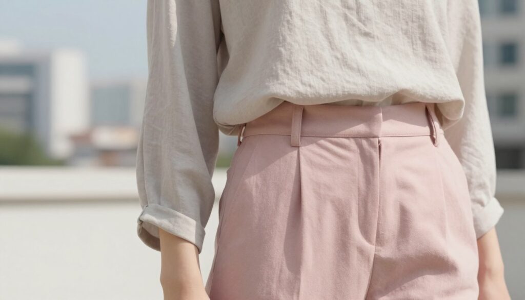 A minimalist composition featuring a stylish blouse in neutral colors, paired with soft pink trousers. The blouse drapes elegantly, showcasing subtle textures—perhaps a soft linen or delicate cotton. In the foreground, focus on the fabric's gentle folds and the graceful silhouette of the blouse. The model stands in a vibrant urban setting, exuding a calm, modern vibe. The background hints at a cityscape with blurred outlines of buildings, allowing the neutral palette of the outfit to stand out. Soft, natural lighting enhances the scene, casting gentle shadows that create depth. Aim for a slightly elevated angle to capture both the outfit’s details and its harmonious blend with the pink trousers, evoking a sophisticated and chic atmosphere.