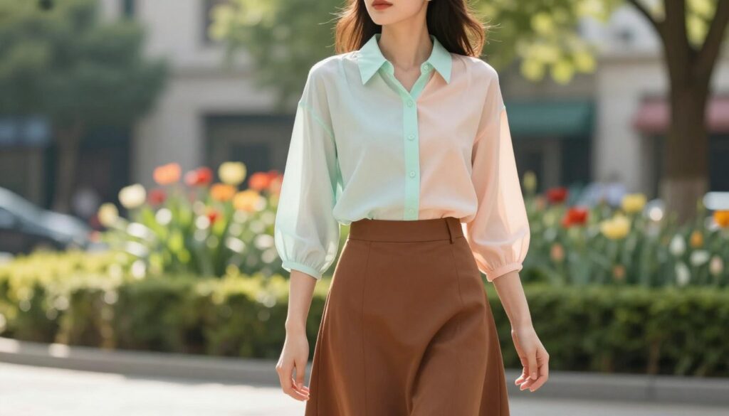 A modern and stylish female figure stands in the foreground, elegantly dressed in a light, airy blouse paired with a brown skirt, exuding a fresh and contemporary vibe. The blouse features soft pastel hues, such as mint green and peach, harmoniously complementing the rich brown of the skirt. The background features a softly blurred urban park scene with lush greenery and vibrant flowers, reflecting a sunny day. Natural light filters through the leaves, casting gentle highlights on the outfit, creating a warm and inviting atmosphere. The angle captures the figure slightly from the side, showcasing the outfit's stylish layers while maintaining a sense of grace and movement, symbolizing the theme of color coordination that achieves a light and fresh effect.