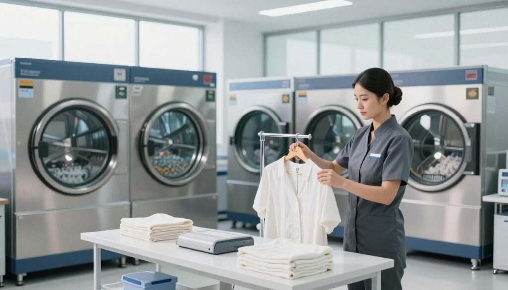 A modern chemical laundry interior showcasing various high-tech equipment designed for fabric care. In the foreground, a clean, organized workspace features a professional operator wearing a business attire, carefully handling garments on a clothing rack, emphasizing the precision of the laundry process. The middle section reveals industrial washing machines and drying equipment, all gleaming and well-maintained, suggesting efficiency and expertise. In the background, large windows allow natural light to flood the space, enhancing the atmosphere of cleanliness and professionalism. The mood is calm and focused, conveying a sense of reliability and trust in professional laundering services, perfectly suited for delicate garment care.