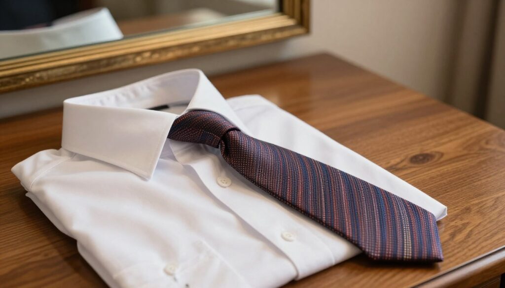 A neatly arranged tie on a wooden table, showcasing the perfect length and width for tying a narrow 'slim knot'. The tie is colorful, with a subtle pattern, representing both elegance and professionalism. In the foreground, a well-tailored white dress shirt collar is slightly open, demonstrating how the tie will fit around the neck. The scene is illuminated with soft, warm lighting, highlighting the textures of the fabric. In the background, a blurred mirror reflects a classic, sophisticated setting with neutral tones, enhancing the ambiance without distraction. A sense of preparation and focus fills the atmosphere, inviting viewers to learn about tying a tie properly. A neatly arranged tie on a wooden table, showcasing the perfect length and width for tying a narrow 'slim knot'. The tie is colorful, with a subtle pattern, representing both elegance and professionalism. In the foreground, a well-tailored white dress shirt collar is slightly open, demonstrating how the tie will fit around the neck. The scene is illuminated with soft, warm lighting, highlighting the textures of the fabric. In the background, a blurred mirror reflects a classic, sophisticated setting with neutral tones, enhancing the ambiance without distraction. A sense of preparation and focus fills the atmosphere, inviting viewers to learn about tying a tie properly.