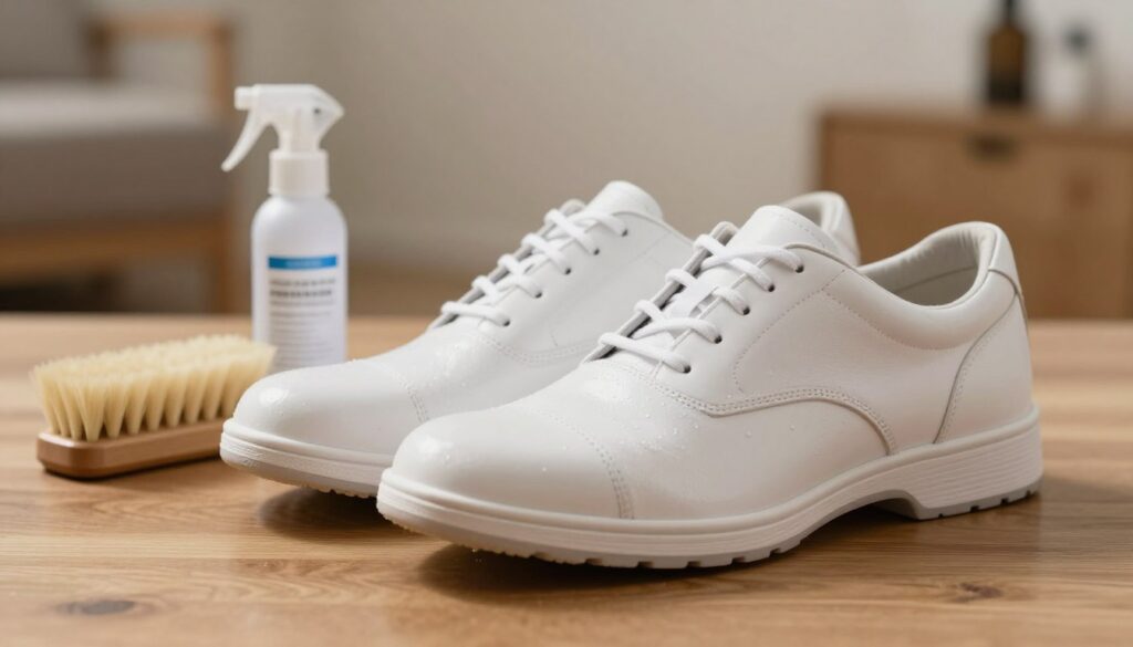 A pair of stylish white men's shoes placed on a wooden surface, glistening with a protective spray coating that highlights their waterproof quality. The shoes are positioned in the foreground, showcasing their sleek design and pristine laces. In the middle ground, a small bottle of waterproofing spray and a brush sit neatly beside the shoes, emphasizing the theme of care and maintenance. The background features a softly blurred indoor setting, with warm lighting creating a cozy atmosphere, evoking a sense of security and cleanliness. The focus is on the shoes, illustrating their resistance to moisture and stains, while maintaining a professional and polished look suitable for an article on shoe care.
