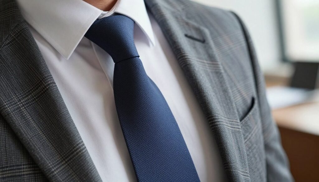 A sharply tailored tie displayed prominently in the foreground, showcasing its varying widths and textures. The tie, draped elegantly over a crisp white shirt, emphasizes the importance of proportions in fashion. In the middle ground, a well-fitted blazer in a classic plaid pattern complements the tie, illustrating style harmony. The background features a softly blurred office setting, hinting at a professional atmosphere. Natural light filters in through a window, casting gentle shadows that highlight the fabric details. The overall mood is sophisticated yet approachable, focusing on the elegance of men's fashion choices. The angle captures a slight top-down view, enhancing the visual hierarchy of the tie and blazer. A sharply tailored tie displayed prominently in the foreground, showcasing its varying widths and textures. The tie, draped elegantly over a crisp white shirt, emphasizes the importance of proportions in fashion. In the middle ground, a well-fitted blazer in a classic plaid pattern complements the tie, illustrating style harmony. The background features a softly blurred office setting, hinting at a professional atmosphere. Natural light filters in through a window, casting gentle shadows that highlight the fabric details. The overall mood is sophisticated yet approachable, focusing on the elegance of men's fashion choices. The angle captures a slight top-down view, enhancing the visual hierarchy of the tie and blazer.