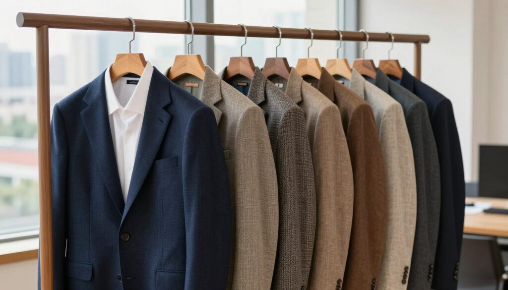 A sophisticated business casual scene depicting a variety of stylish blazers and sport coats, neatly arranged on a wooden clothing rack in a bright, modern office environment. In the foreground, focus on a tailored navy blazer with subtle texture, paired with a crisp white dress shirt. In the middle, hang various blend of textures—tweed, cotton, and linen jackets in earthy tones, showcasing versatility for different seasons. The background features a softly blurred cityscape through a large window, with natural sunlight illuminating the space, creating a warm and inviting atmosphere. Capture the mood of professionalism and casual elegance. No human subjects included. A sophisticated business casual scene depicting a variety of stylish blazers and sport coats, neatly arranged on a wooden clothing rack in a bright, modern office environment. In the foreground, focus on a tailored navy blazer with subtle texture, paired with a crisp white dress shirt. In the middle, hang various blend of textures—tweed, cotton, and linen jackets in earthy tones, showcasing versatility for different seasons. The background features a softly blurred cityscape through a large window, with natural sunlight illuminating the space, creating a warm and inviting atmosphere. Capture the mood of professionalism and casual elegance. No human subjects included.