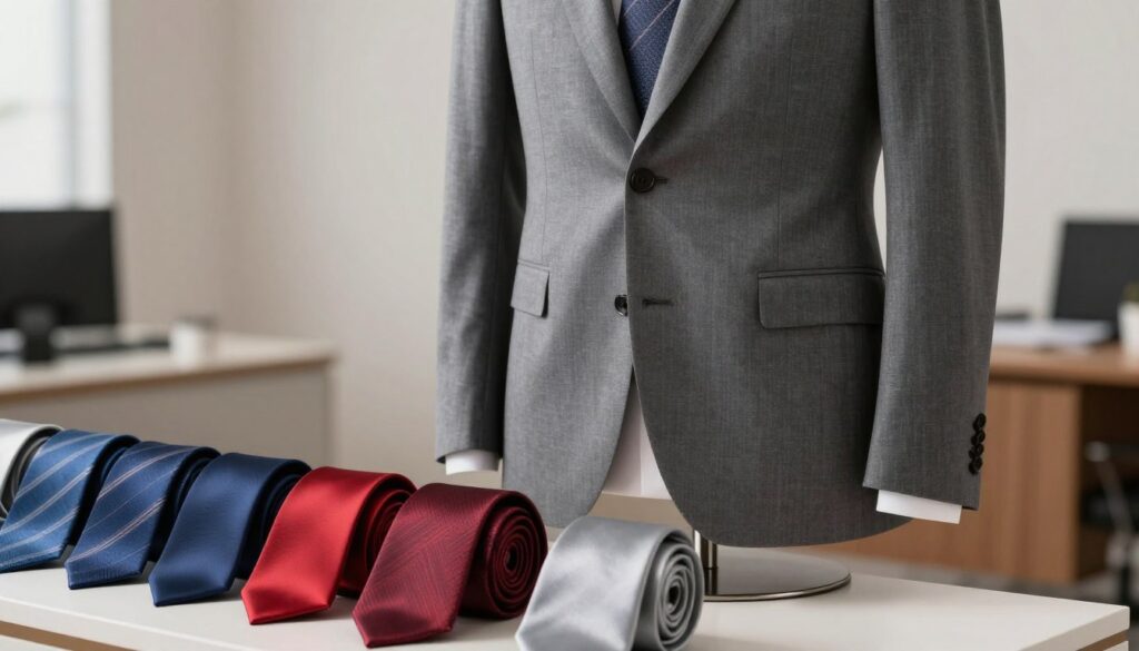 A sophisticated display of various shades of gray, showcasing a tailored gray suit placed elegantly on a sleek mannequin. In the foreground, a neatly arranged collection of neckties in complementary colors, like deep blue, vibrant red, and subtle silver, illustrating a stylish contrast against the gray suit. The middle ground features soft, diffused lighting to enhance the textures of the fabrics, creating a warm yet professional atmosphere. The background is a blurred, minimalist office setting, emphasizing sophistication without distraction. The shot is captured from a slightly elevated angle to highlight the suit's details and the ties’ vibrant colors against the shades of gray, evoking a sense of elegance and class suitable for a formal occasion.