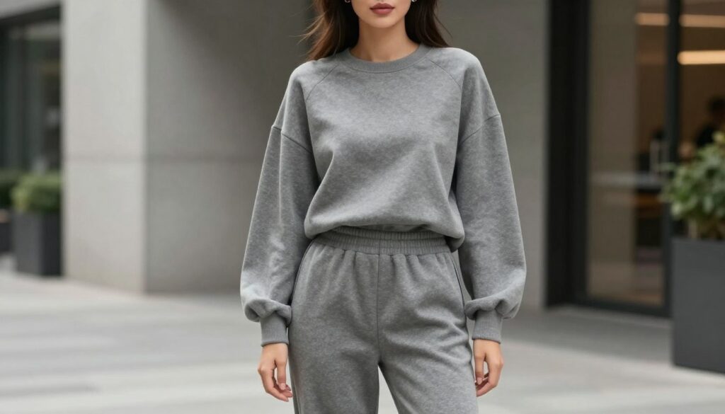 A sophisticated, elegant woman in a stylish, oversized gray tracksuit stands confidently in a chic urban setting. The outfit should feature luxe fabric with tailored elements, enhancing her silhouette without compromising comfort. The woman poses at a slight angle, showcasing the tracksuit’s design details, such as chic cuffs and a modern silhouette. Soft, diffused natural light emphasizes her features, and the backdrop includes minimalist urban elements like smooth concrete and greenery, creating a harmonious ambiance. The atmosphere is effortlessly stylish and contemporary, evoking a sense of elevated casual wear, perfect for achieving a “wow” effect while maintaining a polished appearance. The image should focus on the fashion, ensuring the overall presentation is both elegant and relatable. A sophisticated, elegant woman in a stylish, oversized gray tracksuit stands confidently in a chic urban setting. The outfit should feature luxe fabric with tailored elements, enhancing her silhouette without compromising comfort. The woman poses at a slight angle, showcasing the tracksuit’s design details, such as chic cuffs and a modern silhouette. Soft, diffused natural light emphasizes her features, and the backdrop includes minimalist urban elements like smooth concrete and greenery, creating a harmonious ambiance. The atmosphere is effortlessly stylish and contemporary, evoking a sense of elevated casual wear, perfect for achieving a “wow” effect while maintaining a polished appearance. The image should focus on the fashion, ensuring the overall presentation is both elegant and relatable.