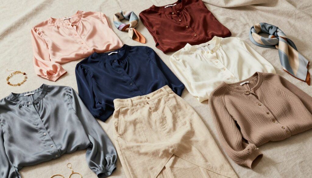A sophisticated fashion flat lay featuring a diverse selection of blouse materials ideal for pairing with a beige skirt. In the foreground, display various blouses made from silk, cotton, and linen, showcasing textures like smooth, crinkled, and ribbed. Each blouse should exhibit different colors, such as soft pastels, rich jewel tones, and neutrals, reflecting both casual and elegant styles. In the middle, elegantly arrange complementary accessories, like delicate jewelry and subtle scarves, to enhance the overall aesthetic. The background should consist of a light, neutral fabric draped to provide a soft contrast. Use natural lighting to create a warm, inviting atmosphere with highlights and shadows that accentuate the textures of the fabrics. Aim for a visually harmonious composition that captures the essence of everyday wear and elegance. A sophisticated fashion flat lay featuring a diverse selection of blouse materials ideal for pairing with a beige skirt. In the foreground, display various blouses made from silk, cotton, and linen, showcasing textures like smooth, crinkled, and ribbed. Each blouse should exhibit different colors, such as soft pastels, rich jewel tones, and neutrals, reflecting both casual and elegant styles. In the middle, elegantly arrange complementary accessories, like delicate jewelry and subtle scarves, to enhance the overall aesthetic. The background should consist of a light, neutral fabric draped to provide a soft contrast. Use natural lighting to create a warm, inviting atmosphere with highlights and shadows that accentuate the textures of the fabrics. Aim for a visually harmonious composition that captures the essence of everyday wear and elegance.