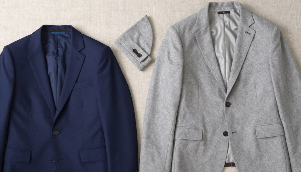 A sophisticated flat lay composition showcasing the differences between a blazer and a jacket, arranged elegantly on a textured, neutral-colored fabric surface. In the foreground, a tailored blazer in a classic navy blue, with sharp lapels and structured shoulders, contrasts with a more relaxed, slightly longer jacket in a soft gray fabric. The middle section includes detailed close-ups of buttons, stitching, and pockets that highlight their unique design elements. A backdrop of soft, diffused lighting enhances the textures, creating a warm and inviting atmosphere. The overall mood should convey professionalism and style, ideal for a fashion-focused article. Focus on clarity and detail without any distracting elements.