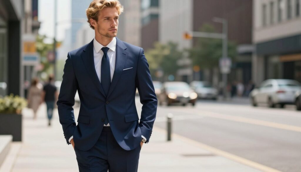 A sophisticated navy blue suit displayed prominently in a well-lit urban setting. The foreground features a well-dressed male model with blond hair, showcasing the suit's tailored fit and modern design. He stands confidently, hands in his pockets, exuding a professional yet approachable vibe. The middle ground includes a softly blurred cityscape in daylight, enhancing the suit's color and providing context. Natural sunlight casts gentle shadows, creating a sense of depth and structure. The mood is polished and stylish, emphasizing elegance and sophistication. Ensure the image feels inviting and inspiring for readers interested in formal attire.