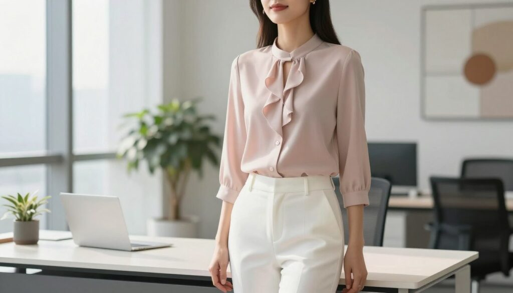 A sophisticated scene featuring an elegant woman standing confidently in a bright office space. She is wearing a tailored, stylish blouse in soft pastel colors, designed to enhance her silhouette without compromising proportions, paired with classic white trousers. The blouse features delicate details like subtle ruffles or a refined collar, exuding professionalism while ensuring a polished look. Soft, natural light filters in through the large windows, creating a warm atmosphere. The foreground includes a sleek desk with a minimalist design, and in the background, there are hints of modern office decor, such as potted plants and abstract art. The image captures a poised and professional vibe, perfect for formal outings or office settings.