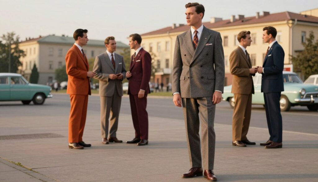 A stylish 1960s men's fashion scene in Poland, showcasing iconic PRL attire. In the foreground, a well-dressed man wearing a tailored, double-breasted suit with a distinct collar and colorful patterned tie, embodying the innovative cuts of the era. His shoes are polished and vintage, reflecting the meticulous craftsmanship of the time. In the middle ground, additional men in similar attire interact, highlighting a variety of fabrics and colors that symbolize the vibrancy of 1960s Polish fashion. The background features a retro urban landscape, with communist-era architecture and vintage cars, under a soft golden hour light that creates a warm, nostalgic atmosphere. The composition captures a sense of creativity and cultural expression, inviting viewers to appreciate the elegance of the period.