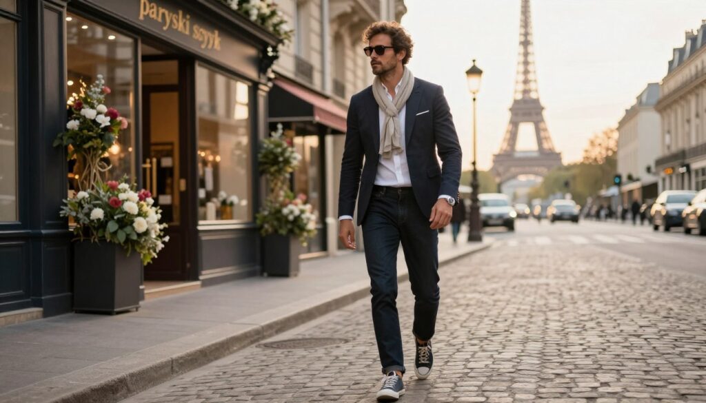 A stylish Parisian street scene showcasing a man in refined yet casual attire, epitomizing "paryski szyk." In the foreground, the man is dressed in a tailored blazer over a crisp white shirt, paired with dark jeans and smart sneakers. He’s walking confidently along a cobblestone street, with a soft focus on his accessories - a chic watch and a light scarf. The middle ground features elegant boutique storefronts adorned with flowers and intricate architecture, typical of Paris. In the background, the iconic Parisian skyline is subtly visible under soft, golden hour lighting, casting a warm glow over the scene. The atmosphere exudes effortless elegance and sophistication, inviting viewers into the charm of everyday Parisian fashion. A stylish Parisian street scene showcasing a man in refined yet casual attire, epitomizing "paryski szyk." In the foreground, the man is dressed in a tailored blazer over a crisp white shirt, paired with dark jeans and smart sneakers. He’s walking confidently along a cobblestone street, with a soft focus on his accessories - a chic watch and a light scarf. The middle ground features elegant boutique storefronts adorned with flowers and intricate architecture, typical of Paris. In the background, the iconic Parisian skyline is subtly visible under soft, golden hour lighting, casting a warm glow over the scene. The atmosphere exudes effortless elegance and sophistication, inviting viewers into the charm of everyday Parisian fashion.