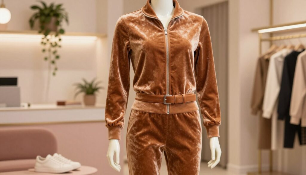 A stylish and cozy caramel velvet tracksuit displayed on a mannequin in a softly lit boutique setting. The tracksuit features a fitted zip-up jacket and tapered pants, showcasing its luxurious texture and rich color. To emphasize the elegance, the outfit is complemented with simple, chic accessories like a matching belt and minimalistic sneakers. The background hints at a warm, inviting atmosphere with soft pastel colors, dim lighting, and subtle decorative elements like hanging plants and modern clothing racks. The focus is on the garment's details, such as the sheen of the velvet fabric and the sleek lines of the tailoring, creating a fashion-forward and cohesive look. The overall mood is warm, inviting, and stylish, perfect for illustrating contemporary fashion choices. A stylish and cozy caramel velvet tracksuit displayed on a mannequin in a softly lit boutique setting. The tracksuit features a fitted zip-up jacket and tapered pants, showcasing its luxurious texture and rich color. To emphasize the elegance, the outfit is complemented with simple, chic accessories like a matching belt and minimalistic sneakers. The background hints at a warm, inviting atmosphere with soft pastel colors, dim lighting, and subtle decorative elements like hanging plants and modern clothing racks. The focus is on the garment's details, such as the sheen of the velvet fabric and the sleek lines of the tailoring, creating a fashion-forward and cohesive look. The overall mood is warm, inviting, and stylish, perfect for illustrating contemporary fashion choices.