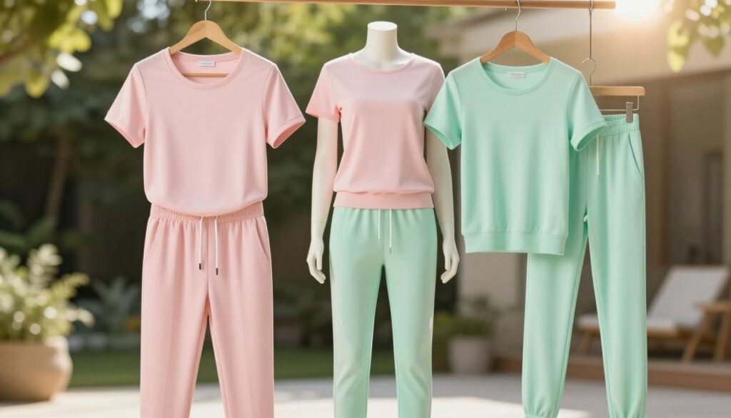 A stylish and modern collection of women's tracksuits displayed in an elegant setting. In the foreground, showcase a vibrant summer tracksuit featuring a lightweight, breathable fabric in pastel colors like soft pink and mint green. The tracksuit should include both a fitted top with short sleeves and tailored joggers, neatly arranged on a wooden hanger. In the middle, place a stylish mannequin dressed in a coordinating outfit, exuding a relaxed yet fashionable vibe. The background features a softly blurred outdoor setting with hints of lush greenery and sunlight filtering through, creating a warm, inviting atmosphere. The lighting is soft and natural, evoking a sense of summer comfort and leisure. Ensure the composition highlights the versatility of tracksuit sets against a serene backdrop, perfect for enjoying summer days. A stylish and modern collection of women's tracksuits displayed in an elegant setting. In the foreground, showcase a vibrant summer tracksuit featuring a lightweight, breathable fabric in pastel colors like soft pink and mint green. The tracksuit should include both a fitted top with short sleeves and tailored joggers, neatly arranged on a wooden hanger. In the middle, place a stylish mannequin dressed in a coordinating outfit, exuding a relaxed yet fashionable vibe. The background features a softly blurred outdoor setting with hints of lush greenery and sunlight filtering through, creating a warm, inviting atmosphere. The lighting is soft and natural, evoking a sense of summer comfort and leisure. Ensure the composition highlights the versatility of tracksuit sets against a serene backdrop, perfect for enjoying summer days.