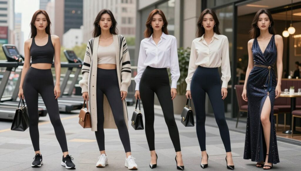 A stylish and modern ensemble featuring various outfits styled with leggings for diverse occasions: training, city life, work, and evening events. In the foreground, showcase four young women in professional casual clothing, each wearing different types of leggings. One is dressed for a workout in a sporty top, another in chic streetwear with a trendy long cardigan, the third in elegant office attire paired with a fitted blouse, and the last in a glamorous evening outfit with a stylish tunic. The middle ground includes subtle but fashionable accessories like bags and shoes that complement the outfits. The background depicts a vibrant cityscape, a gym setting, an office, and an upscale restaurant, seamlessly blending urban life. Soft natural lighting captures the mood of each setting, with a slightly blurred focus to direct attention to the outfits. A stylish and modern ensemble featuring various outfits styled with leggings for diverse occasions: training, city life, work, and evening events. In the foreground, showcase four young women in professional casual clothing, each wearing different types of leggings. One is dressed for a workout in a sporty top, another in chic streetwear with a trendy long cardigan, the third in elegant office attire paired with a fitted blouse, and the last in a glamorous evening outfit with a stylish tunic. The middle ground includes subtle but fashionable accessories like bags and shoes that complement the outfits. The background depicts a vibrant cityscape, a gym setting, an office, and an upscale restaurant, seamlessly blending urban life. Soft natural lighting captures the mood of each setting, with a slightly blurred focus to direct attention to the outfits.